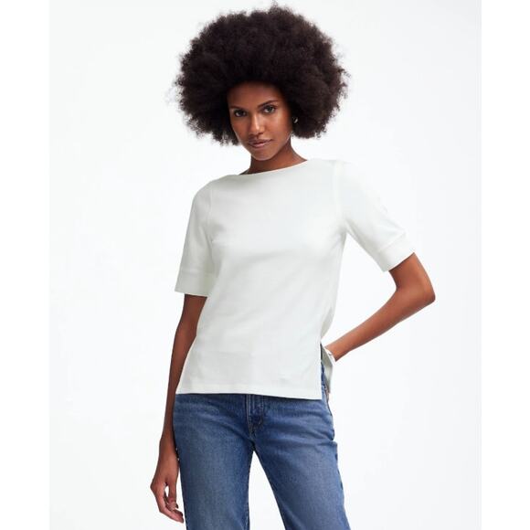 Madewell Elbow-Sleeve Boatneck Tee Sz S White Pullover Slit Hem Slim Fit Stretch - Picture 1 of 8